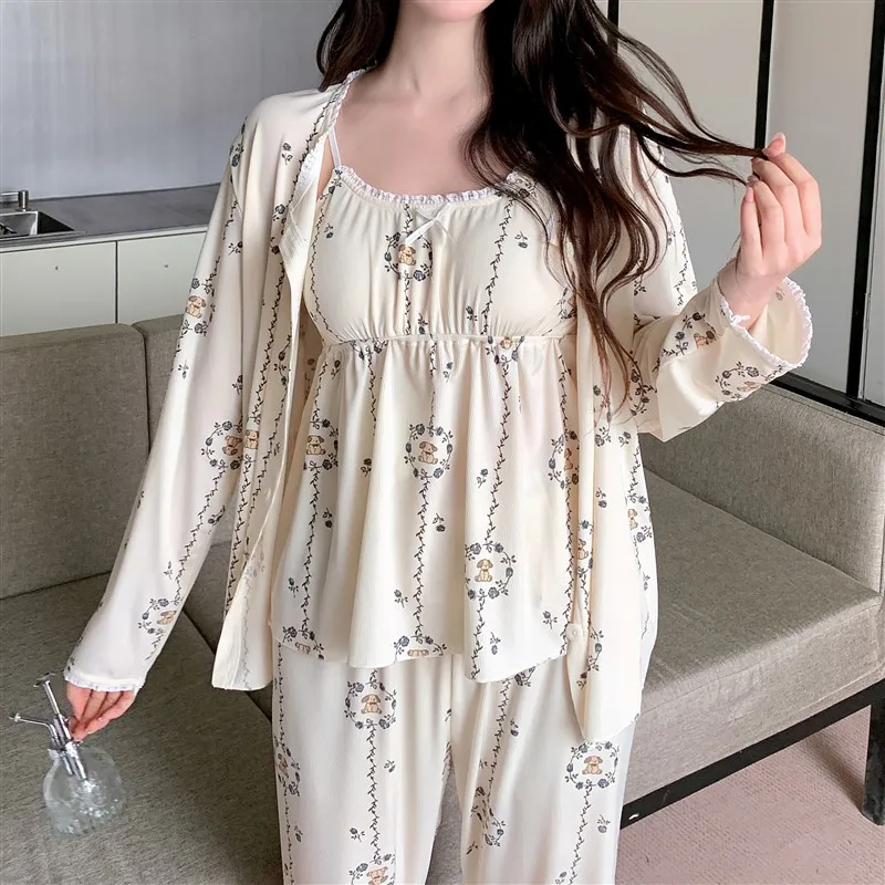 

Spring New Bear Floral Halter Cardigan Trousers Three Sets Women Korean Pyjamas Comfortable Loungewear Woman Sleepwear 2025