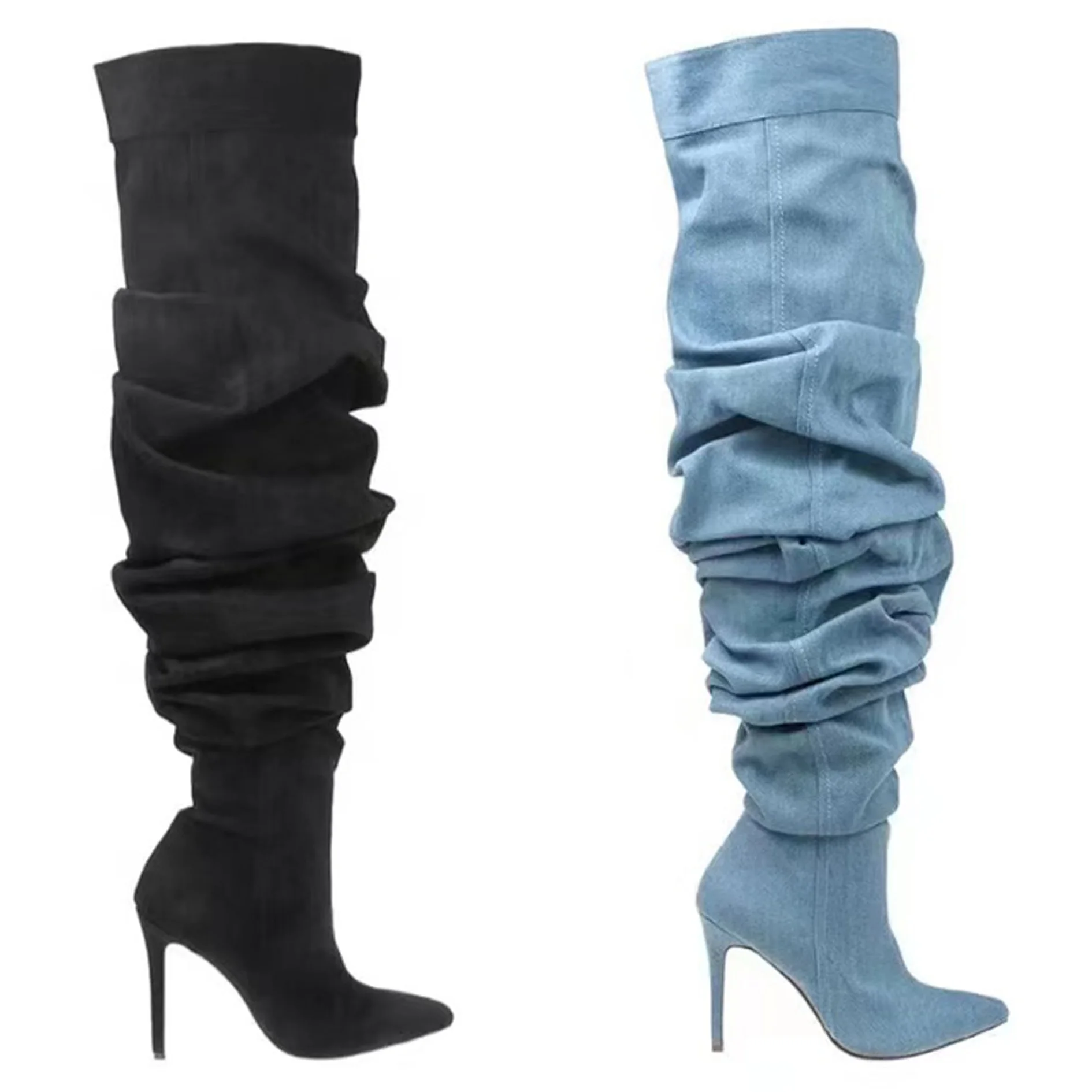 2023 Autumn Winter Women Thigh High Boots Blue Denim Slouchy Over The Knee Boots Side Zipper Pointed Toe High Heels Women Boots