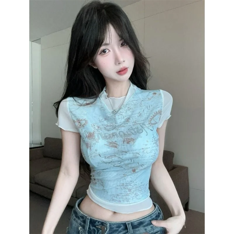 

Женская футболка с коротким рукавом Dopamine Illusion Mesh, летняя, сексуальная, в американском стиле, уникальная, красивая, свободного кроя, для девушек