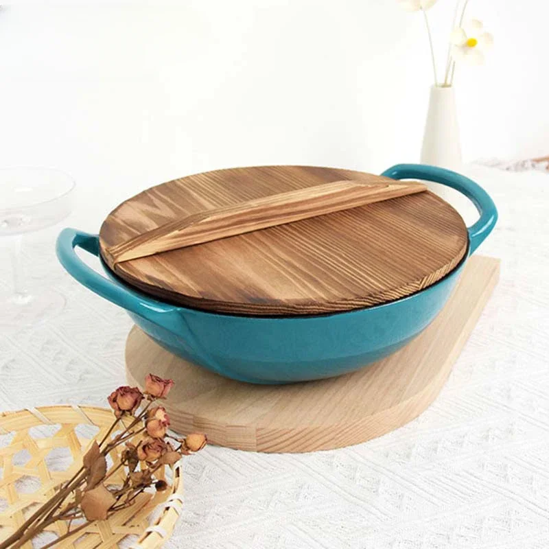 

Durable Cast Iron Cooking Pot Versatile Soup Pot with Binaural Handles Wood Lid for All Kitchen Needs Retains Heat