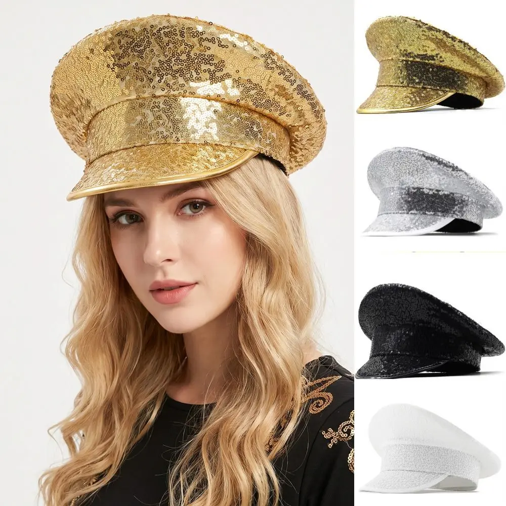 Casual Style PU Leather Sequin Flat Top Hat Y2k Shiny Hats Sunscreen Flat Caps Embellished Hat Prom Performance Bar