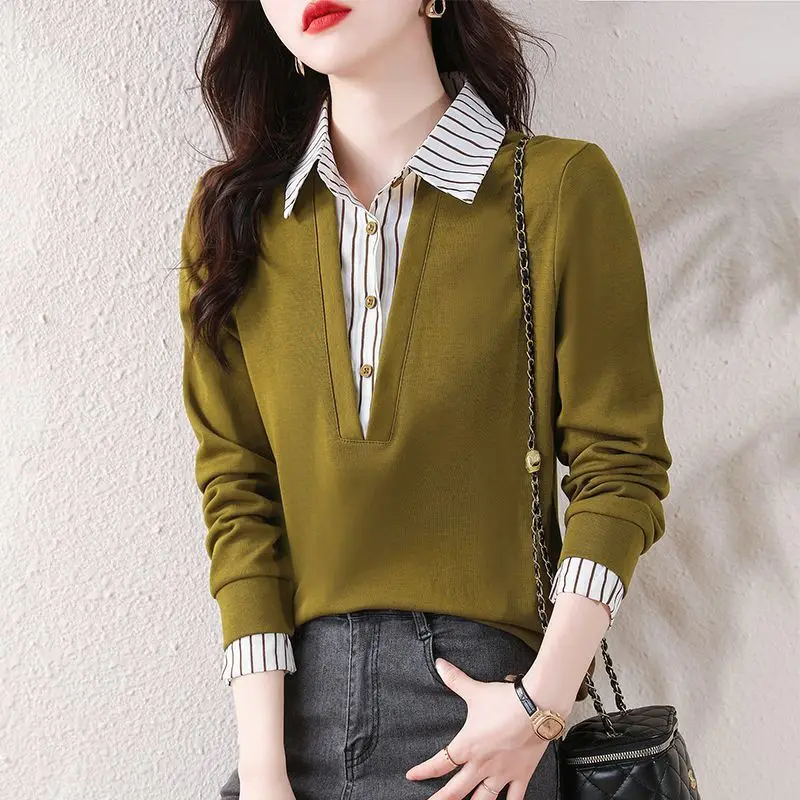 

Plus Size Shirt Tops Spring Autumn New Long Sleeve Fake Two-piece Loose Striped Patchwork T Shirts Fashion Elegant Women Clothes