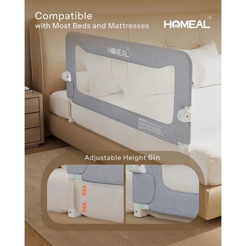 قضبان سرير للأطفال الصغار قابلة للطي لسرير مزدوج، كاملة، كوين، وملك، بطول 59 بوصة، رمادي، عبوة واحدة #4