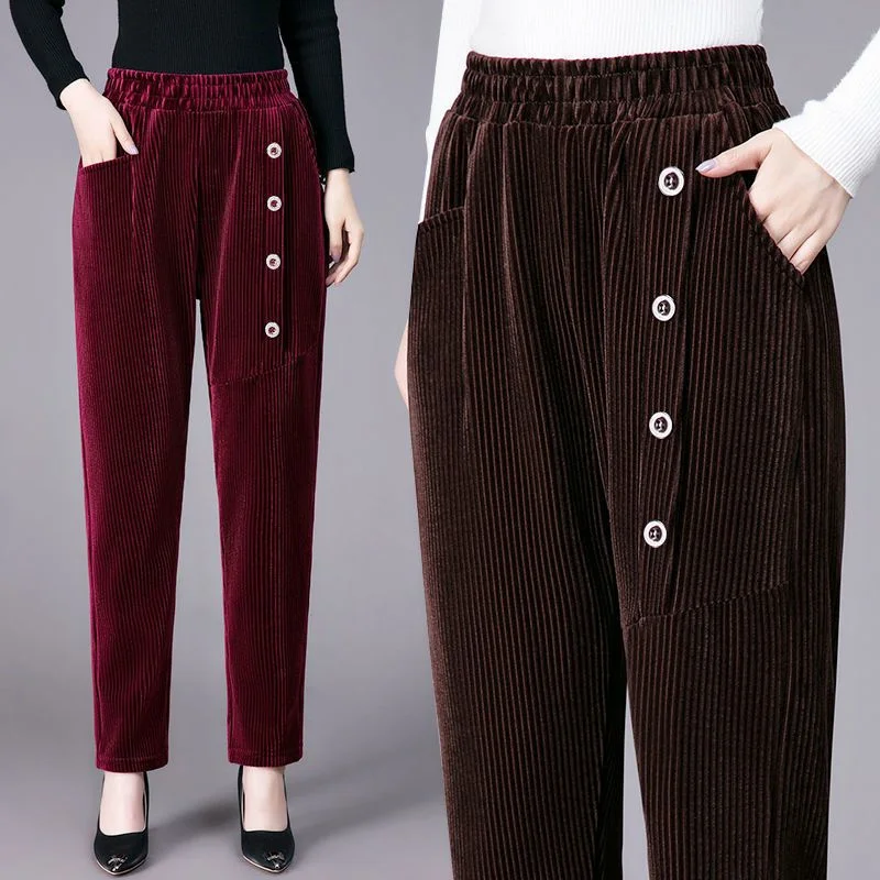 

Corduroy Harem Pants Women's Autumn Winter New Thick Add Velvet Trousers High Waist Loose Large Size Mother Button Casual Pants