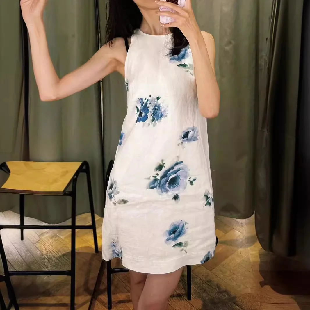 

French Sle OS24 Summer New Ink Diffusion Floral Print Slim Fit Linen Svel round Ne Vest Dr 3833 Women's Dr