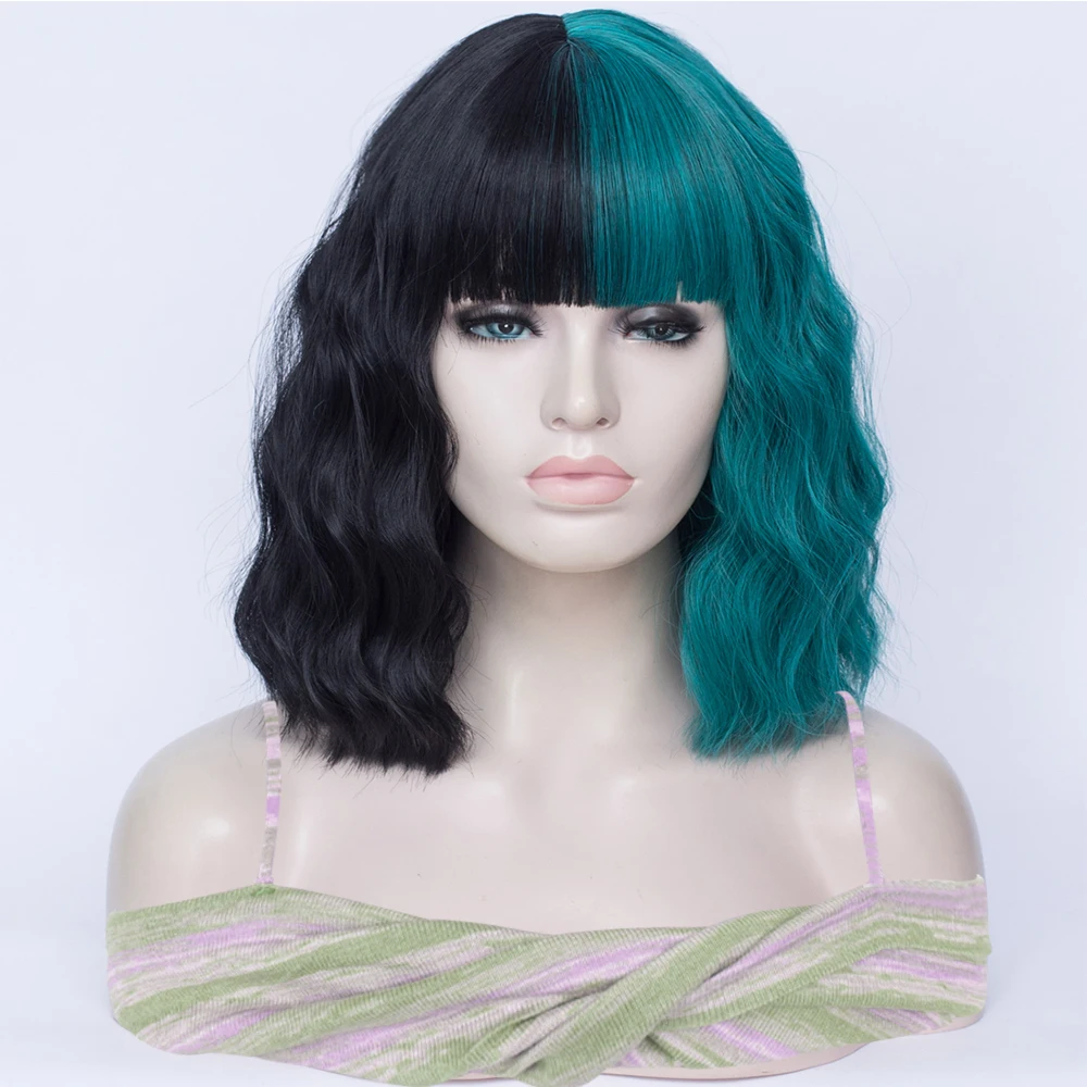 المرأة تأثيري الباروكات الاصطناعية قصيرة مجعد أسود أخضر مزدوجة الإملائي اللون الباروكات مع الانفجارات لوليتا هالوين حزب الشعر وهمية