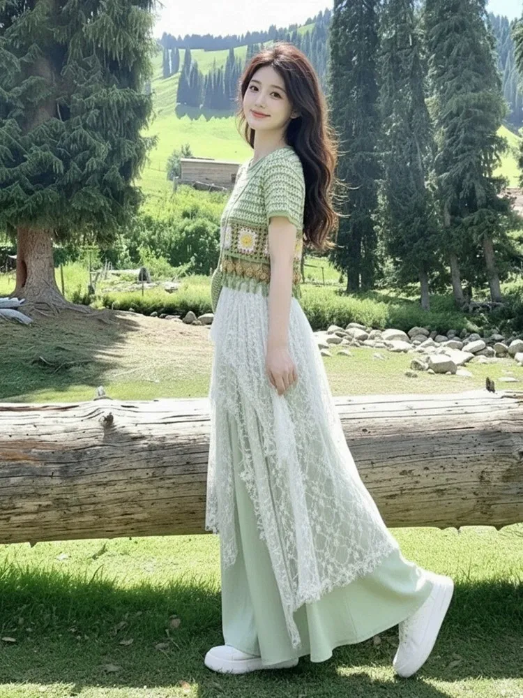 Anti-Aging Large Size Summer Fashion Set Women's Unique Style Slimming Top Lace Skirt Pants Three-Piece Set Casual Wear