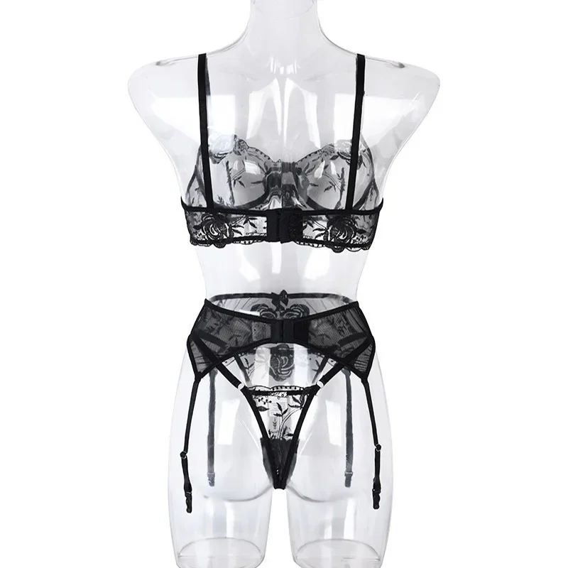 Sexy Lingerie Women Transparent Hollow Bra Sensual Lace 3-Piece Naked Tulle Underwear Embroidery Brief Sets Thin Erotic Bra Set image 6