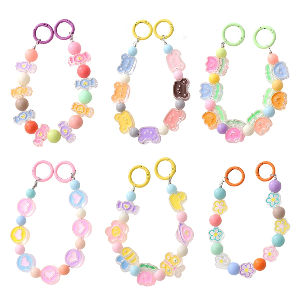 Cute Caroon Bear Beaded Phone Chain Lanyard Colorful Acrylic Pearl Beads Cell Phone Charm Strap Diy Pendant Phone Jewelry