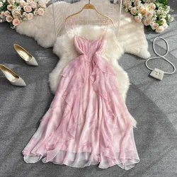 Summer Elegant Midi Dress for Women Pink Ruffle Spaghetti Strap Femlae Vestidos Flared Sexy Bright Layered Dresses Prom New In