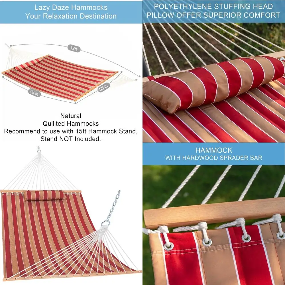 

Double-Sized Hammock with Quilted Fabric and Pillow, Red & Tan Stripes, Heavy Duty and Stylish