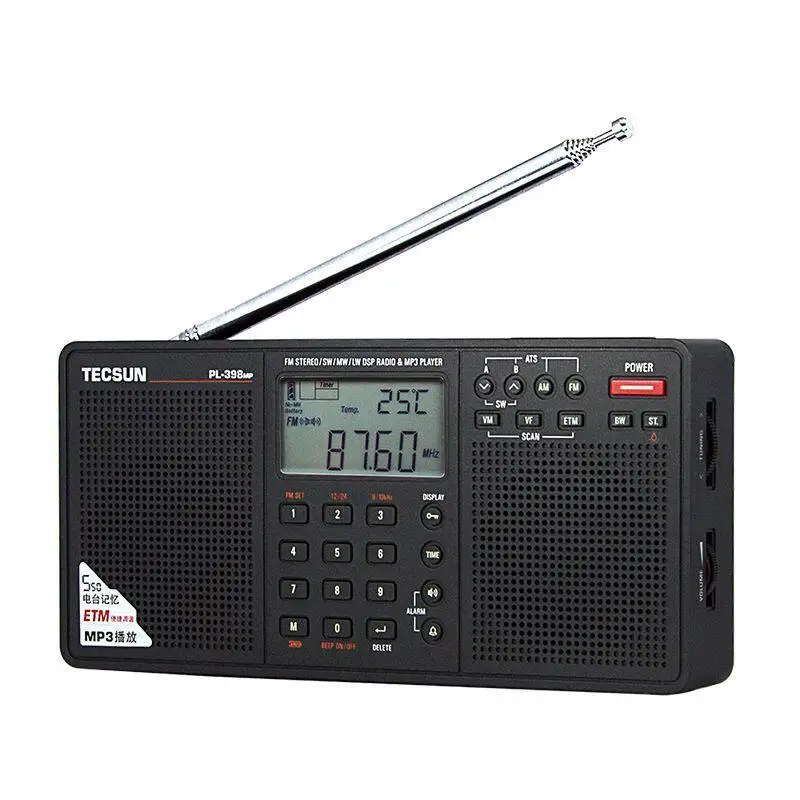 Tecsun PL398MP Draagbare FM/SW/MW/LW DSP-radio met stereo dubbele luidsprekers MP3-speler TF-kaartsleuf ETM ATS LCD-scherm voor buiten