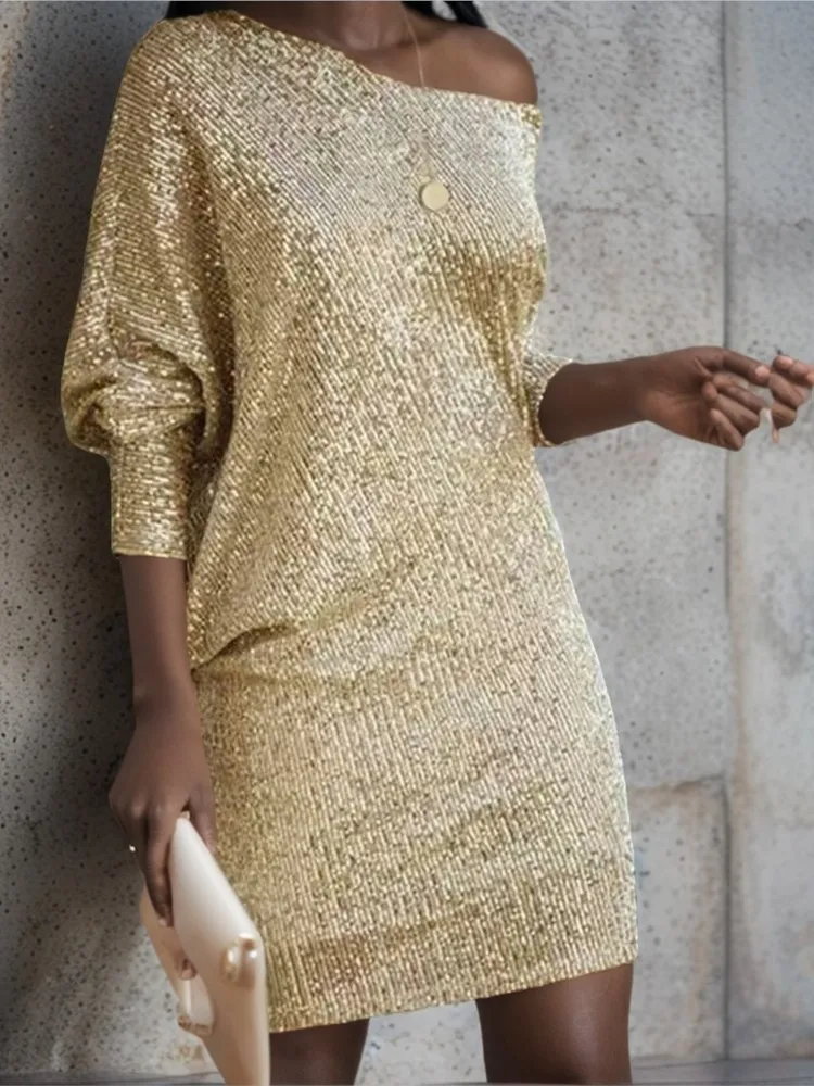 

New Women's Fashion Dress Spring Autumn Solid Oblique Shoulder Long Sleeve Short Skirt Sequined Party Mini Dresses For Woman