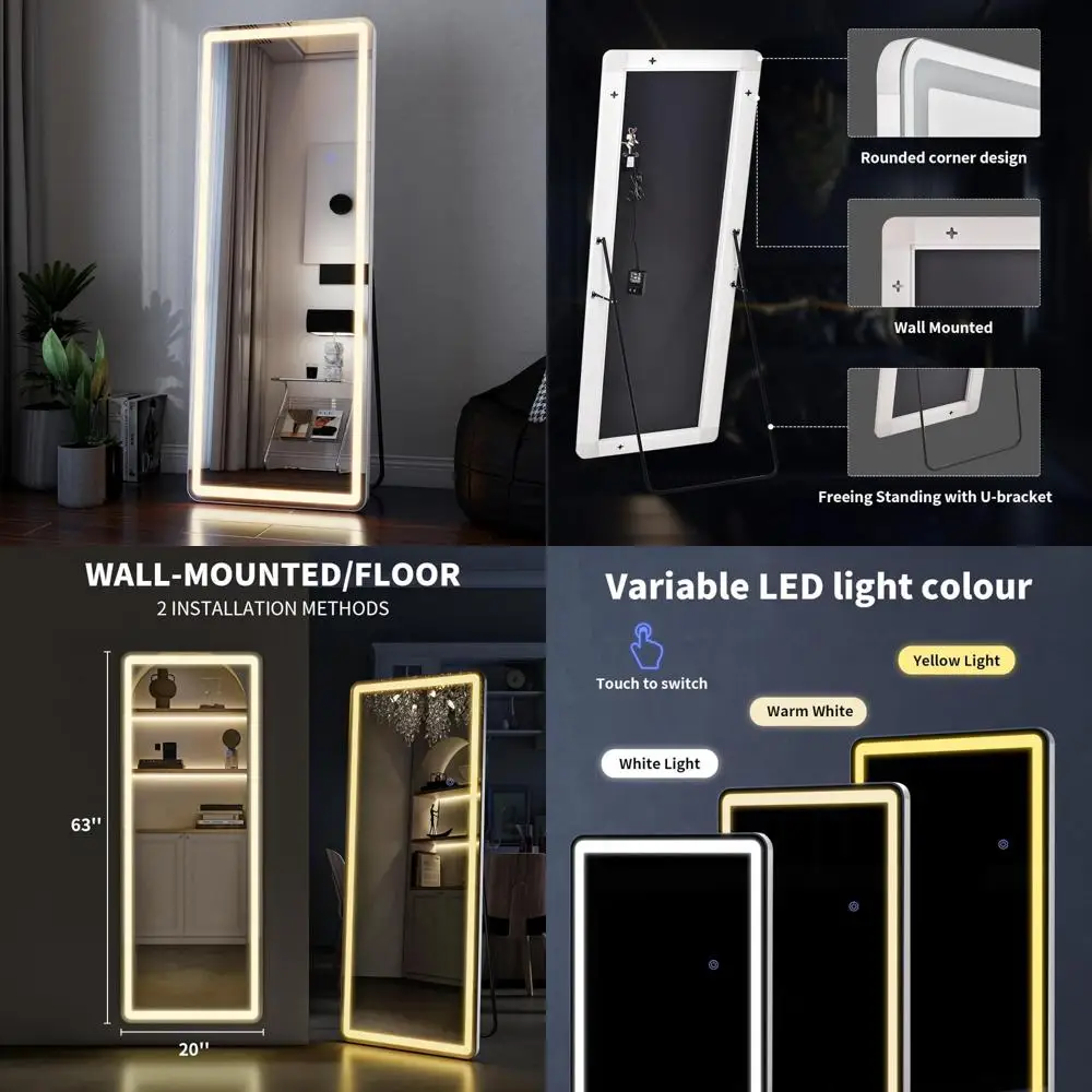 Espelho LED 63x20 de comprimento total - Espelho de chão com luzes reguláveis - 3 modos de cor, montado na parede inclinada em pé para quarto