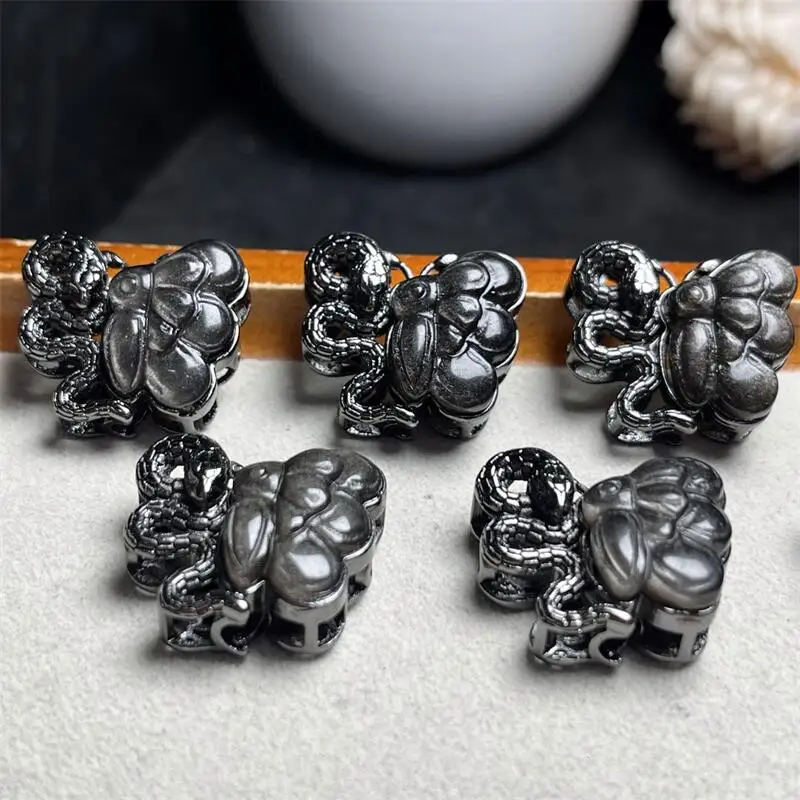 5pcs Natural Silver Obsidian Snake Whit Butterfly Carving Fashion Shape Pendant For Making DIY Home Decoration Gift 19MM