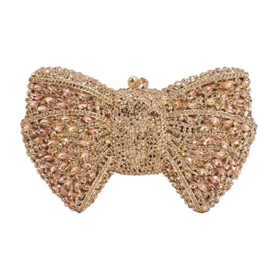 

Evening clutch for banquet and wedding party: luxury bowknot-shaped handbag with sparkling rhinestones, metallic silver finish,