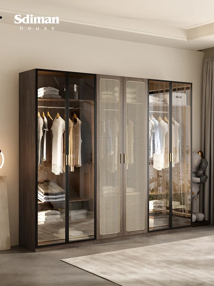 Solid Wood Household Light Luxury Bedroom Simple Modern Glass Door Combination Wardrobe