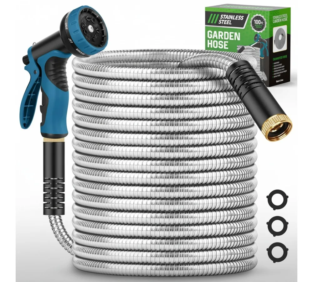 

100FT Garden Hose with 10-Function Nozzle, No-Kink, Lightweight, Puncture-Proof, 550PSI for Outdoor Yard Use