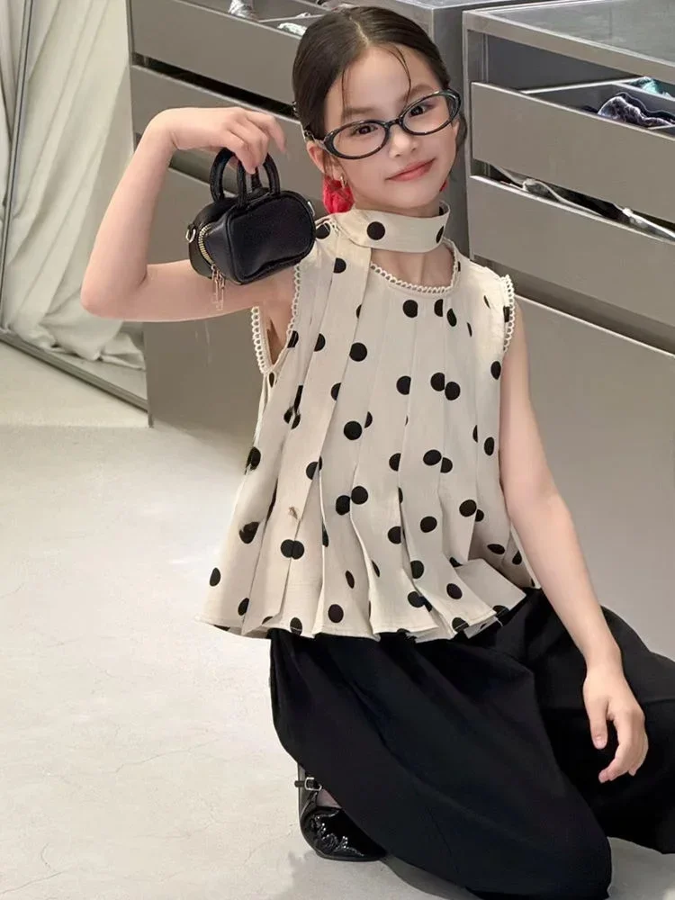 

Summer Polka Dot Svel Vest And Straight Leg Pants Set for Girls Korean Sle Kids Clothing Pola Trendy Brand Kids Wear