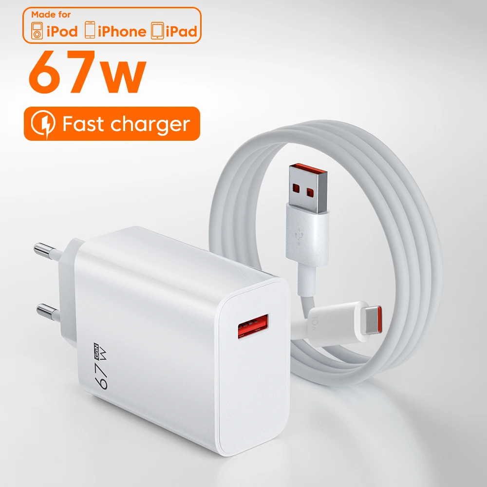 67W USB Charger Fast Charging QC 3.0 Wall Phone Adapter For iPhone Samsung Xiaomi Poco Tablet USB Type C Cable 6A Quick Charger