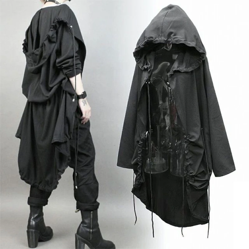 ARENS Hip Hop Punk Trench Coat Hooded Cloak Men Women Harajuku Casual Long Jacket Gothic Vintage Gabardina