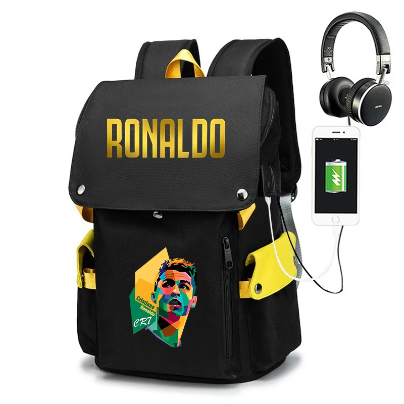 Ronaldo print primary and secondary school student backpack youth backpack outdoor leisure travel bag USB style