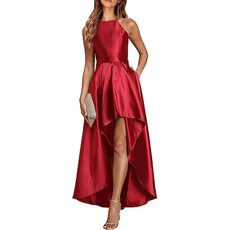 Customized High Low Sleeveless Prom Dresses Women Satin Halter A Line Formal Evening Gown Wedding Guest Party Cocktail Dress Wit