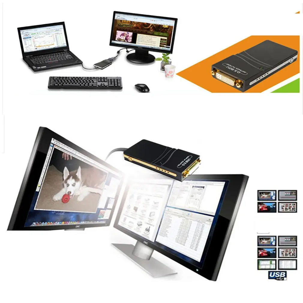 محول رسومات فيديو متوافق مع USB 2.0 إلى VGA/DVI/HDMI مناسب لشاشات متعددة بطاقات رسومات للنافذة 10/8.1/8/7