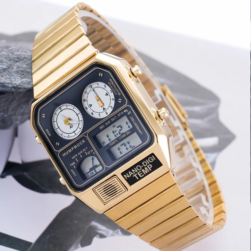 HUMPBUCK jam tangan kronograf pria, arloji baja tahan karat Stopwatch tahan air dengan kronograf dan tampilan waktu ganda