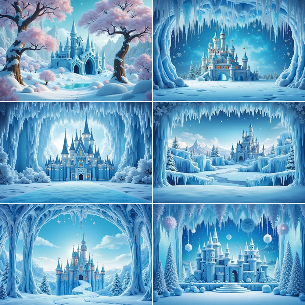 

MOON.QG Merry Christmas Background Photography Winter Tree Ice Castle Photocall Backdrop Children Studio Photobooth Accessories