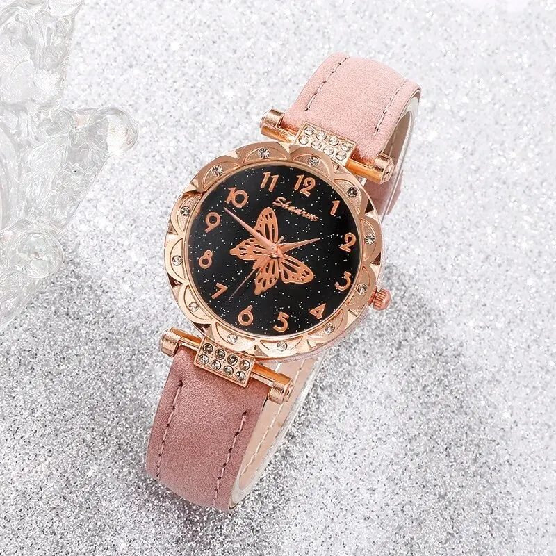 Pink Pearl Butterfly Watches for Women Fashion Rhinestone Casual Bracelet Watch Simple Female Clock Ladies Quartz Wristwatches