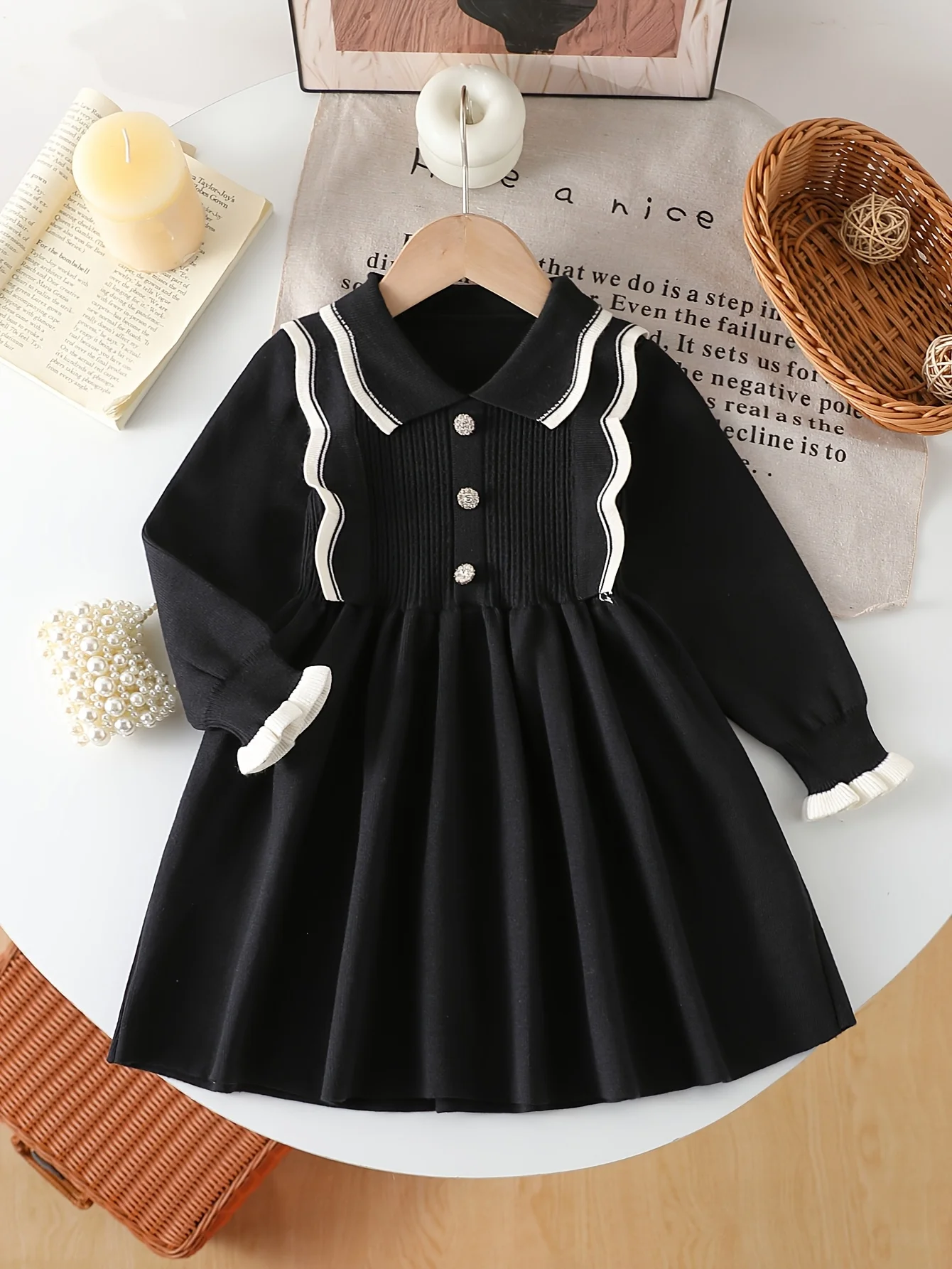 

Girls' Navy Blue Knit Dress with Ruffled Collar & Cuffs - Stretchy Mid-Length A-Line Dress for Fall/Winter, Dresses for Girls