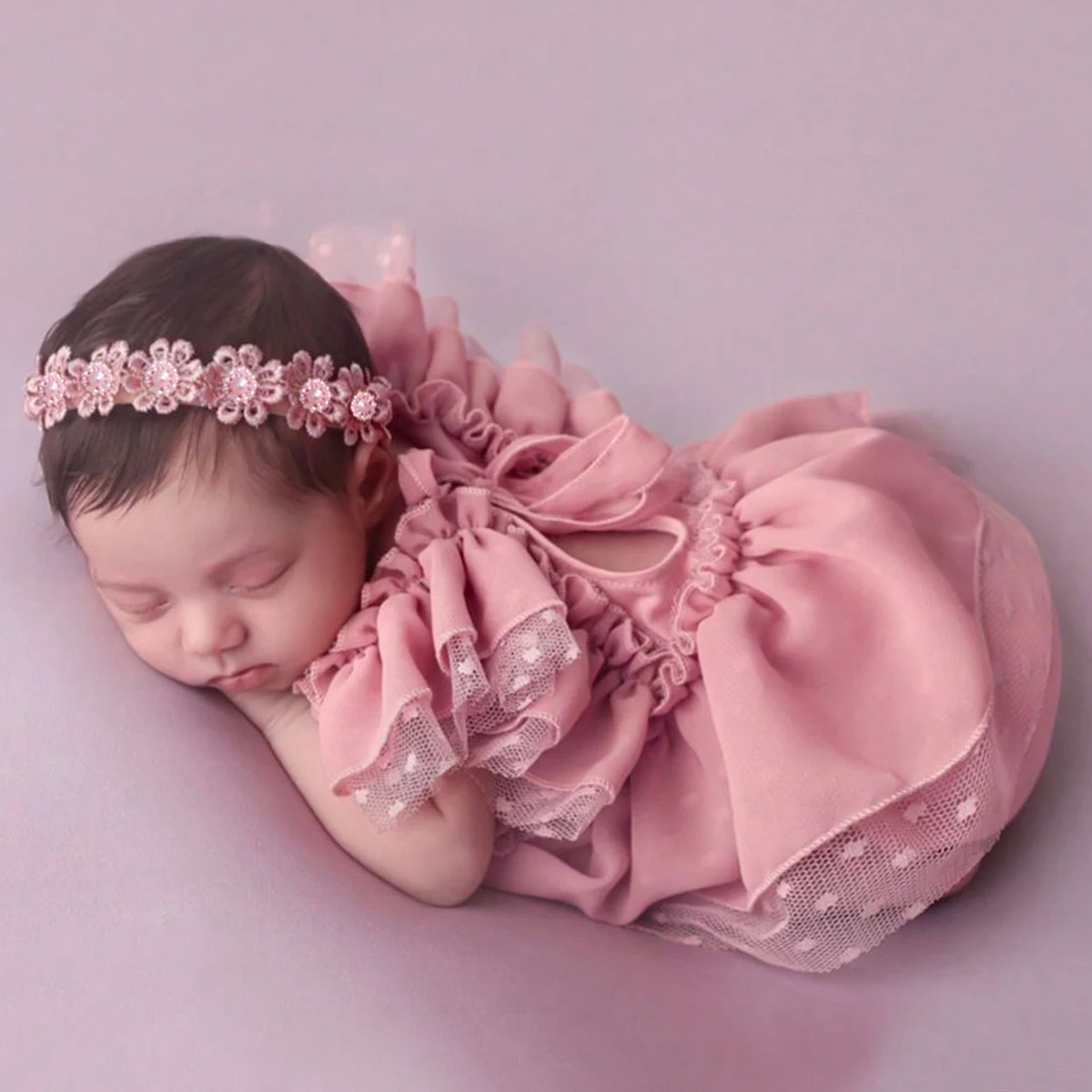 Ylsteed 2 Pieces Set Dusty Pink Chiffon Newborn Romper with Bow Hairband Dot Lace Baby Photography Outfits