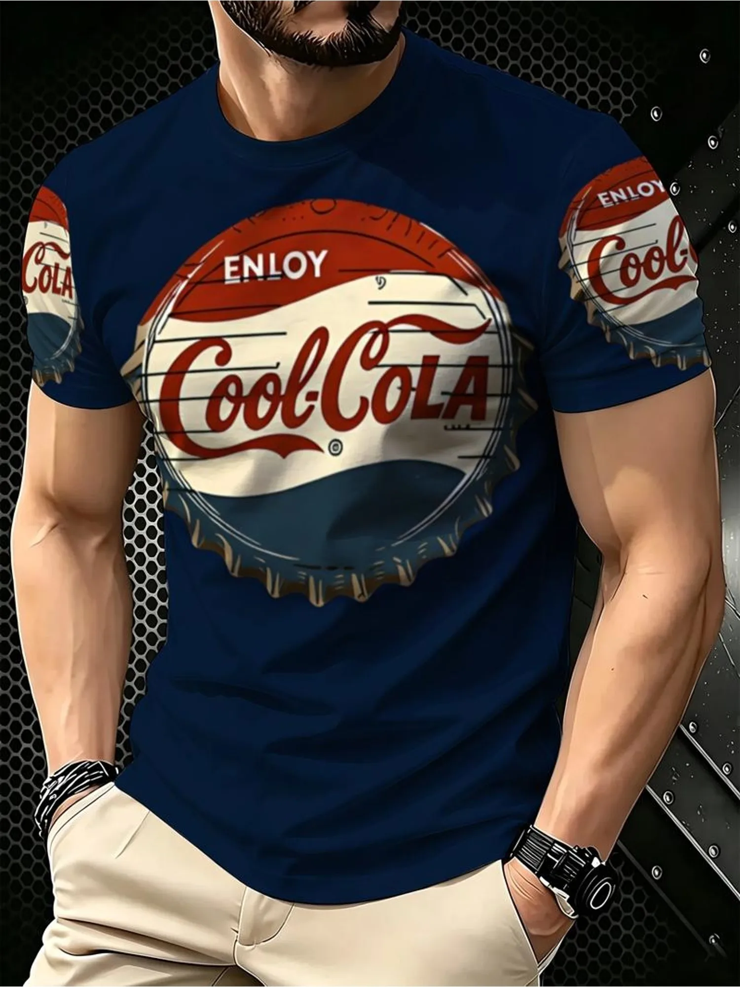 New men's short-sleeve T-shirt, loose-fitting and tailored with printed designs, versatile basic crew-neck top suitable for spri