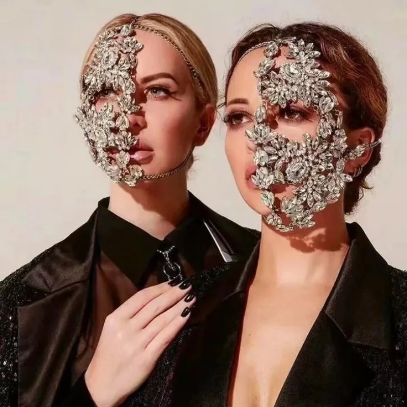 Rhinestone Half Face Mask, Irregular Hollow Crystal Diamond Inlaid Metal Cover, Lightweight With Hidden Adjustable Strap