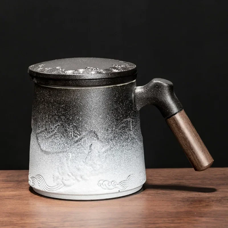 Japanese Vintage Ceramic Strainer Tea Cup Mug with Lid Wood Handle Office Tea Water Mugs