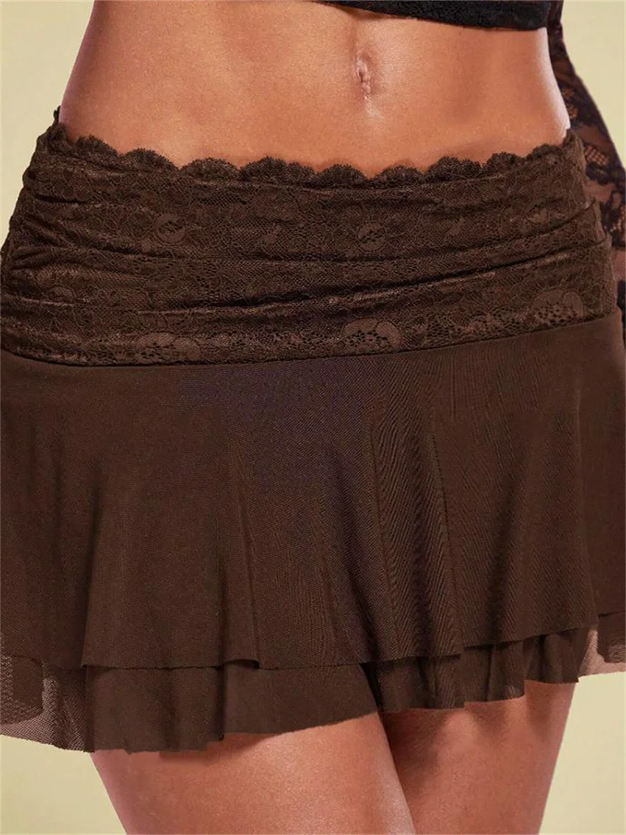 Y2k Lace Vintage Brown Mini Skirt Women Flowy Pleated Ruffle Ballet Short Skirt Coquette Low Rise A Line Micro Lingerie Skirts
