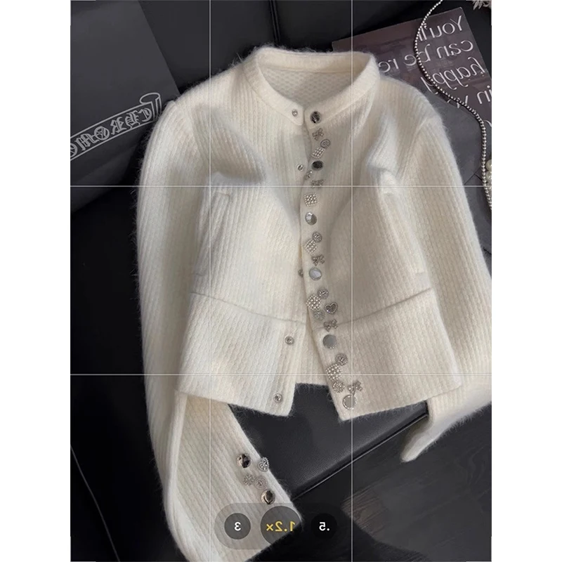 

White Knitted Cardigan Women Elegant Beading Sweater Outerwears Korean Long Sleeve Knitwears Winter Fashion Design Jumpers New