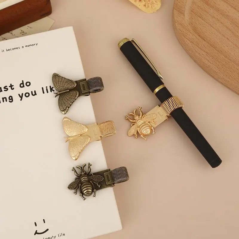Retro Insect Pattern Metal Pen Clip 1pc Spring Loaded Holder Anti-slip Stationery for School Students Notebook Journal