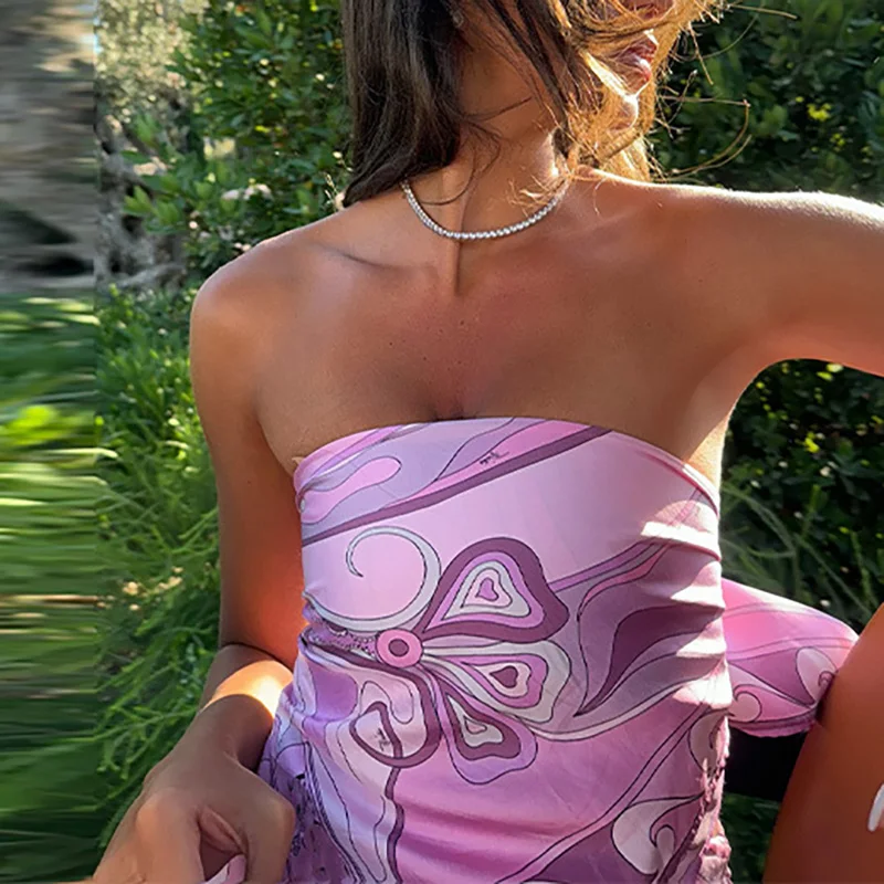 

Lady Summer Chic Holiday Party Outfits Sexy Printed Strapless Top Skirts Suit Women Fashion Irregular Lace Up Pleated 2pc Sets