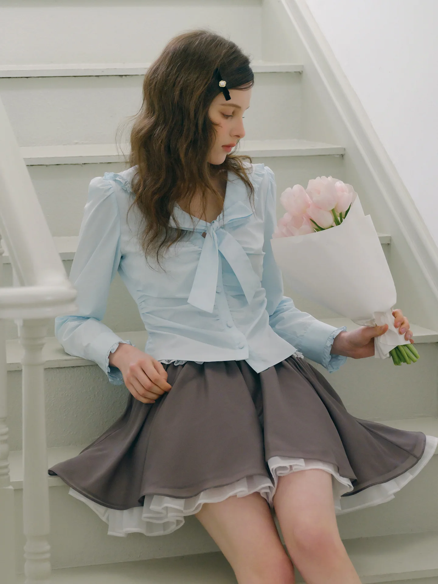 

Весна 2026: Женский синий топ в студенческом стиле с бантом, укороченный, с V-образным вырезом, рукавами-фонариками, удобный, дышащий, из хлопка