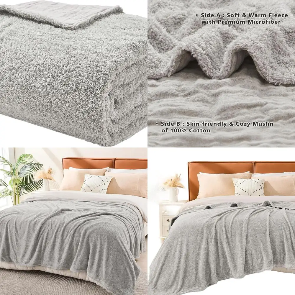 

Reversible Grey Queen-Size Muslin & Fleece Blanket, 80x90, Cozy Warm Throw for Couch, Bed, Picnic & Travel