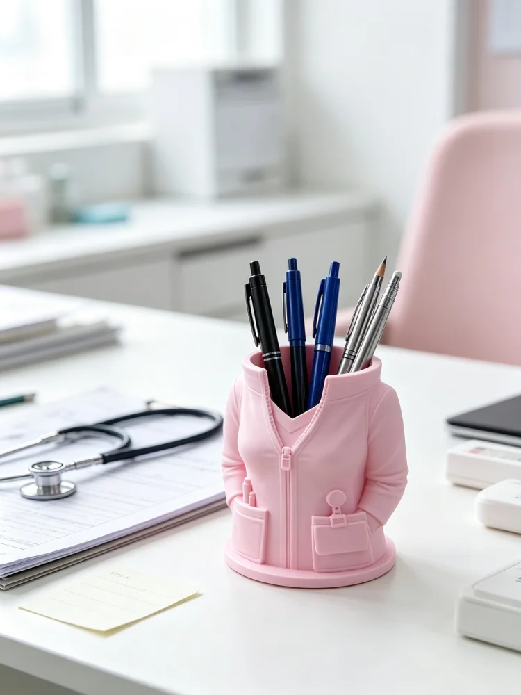 Trendy and Fun Medical-Themed Desktop Storage Pen Holder, 3D Printed Pink Nurse Uniform Design Creative Ornament, Stethoscope Detail Zipper Pocket Design, Matte Pla Texture, Multifunctional Stationery Storage Container, Desktop Storage Cup, Medical Office, School, Dental Clinic Desktop Decoration, Student Desk Stationery Organizer, Space-Saving, Gift for Medical Workers, Nurse Birthday, Nurse Graduation, Gratitude Gift