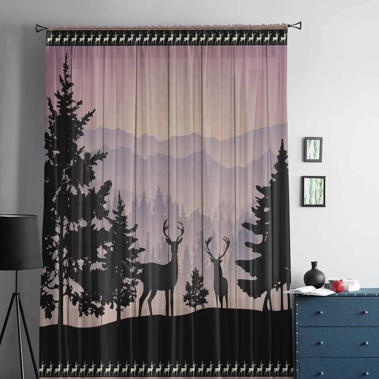 Forest Silhouette Deer Animal Moon Tulle Sheer Curtain for Living Room Home Decor Bedroom Kitchen Voile Organza Curtains