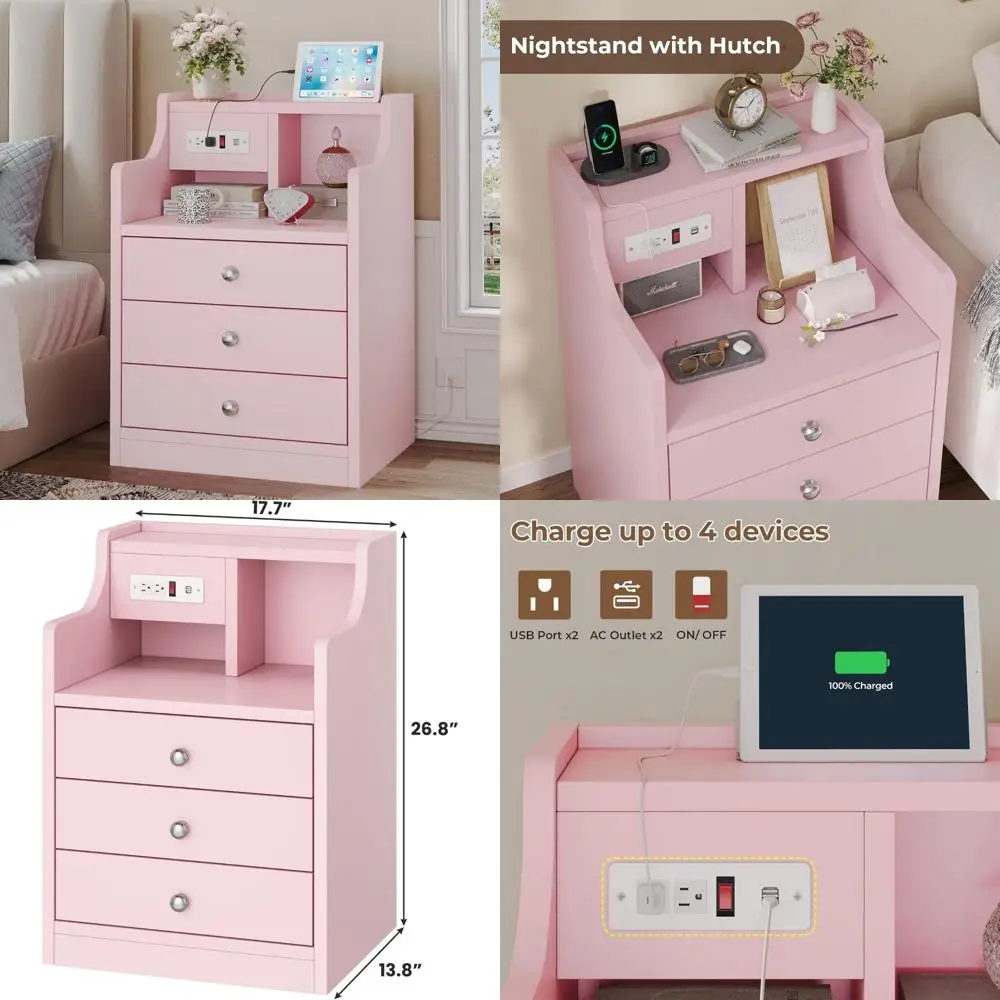 

Charging Station Pink 3-Drawer Bedroom Nightstand with USB Ports, Hutch Top, Bedside Table for Bedrooms