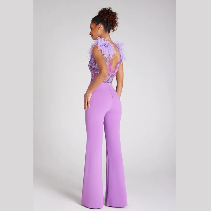 Violet Sleeveless Sexy Elegant Bodycon Bandage Jumpsuits Sequins V Neck Diamonds Robe Event Gown Prom Women Evening Party 2023