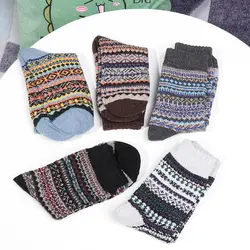 1/5 Pairs Womens Men Wool Socks Thick Knit Cabin Cozy Socks Winter Warm Crew Ethnic Print Socks Gifts for Women