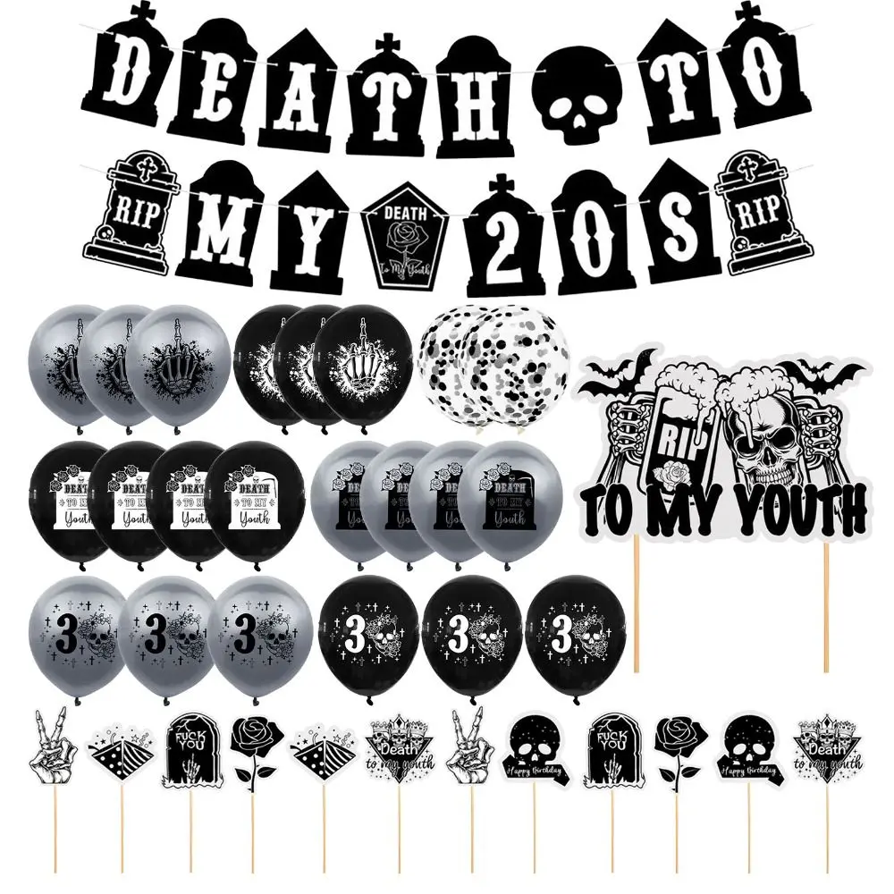 Gothic Black and White Themed Party Background Decoration Flag Balloons Death To My 20s Decorations 30th Birthday Decorations