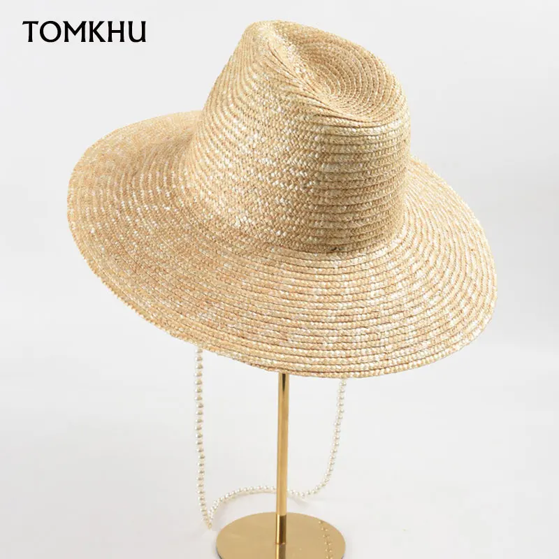 

New Holiday Women Men Panama Pearl Chain Straw Hat Cowboy Summer Boater Travel Journey Casual Caps Elegant Chapeau Wide Brim Cap