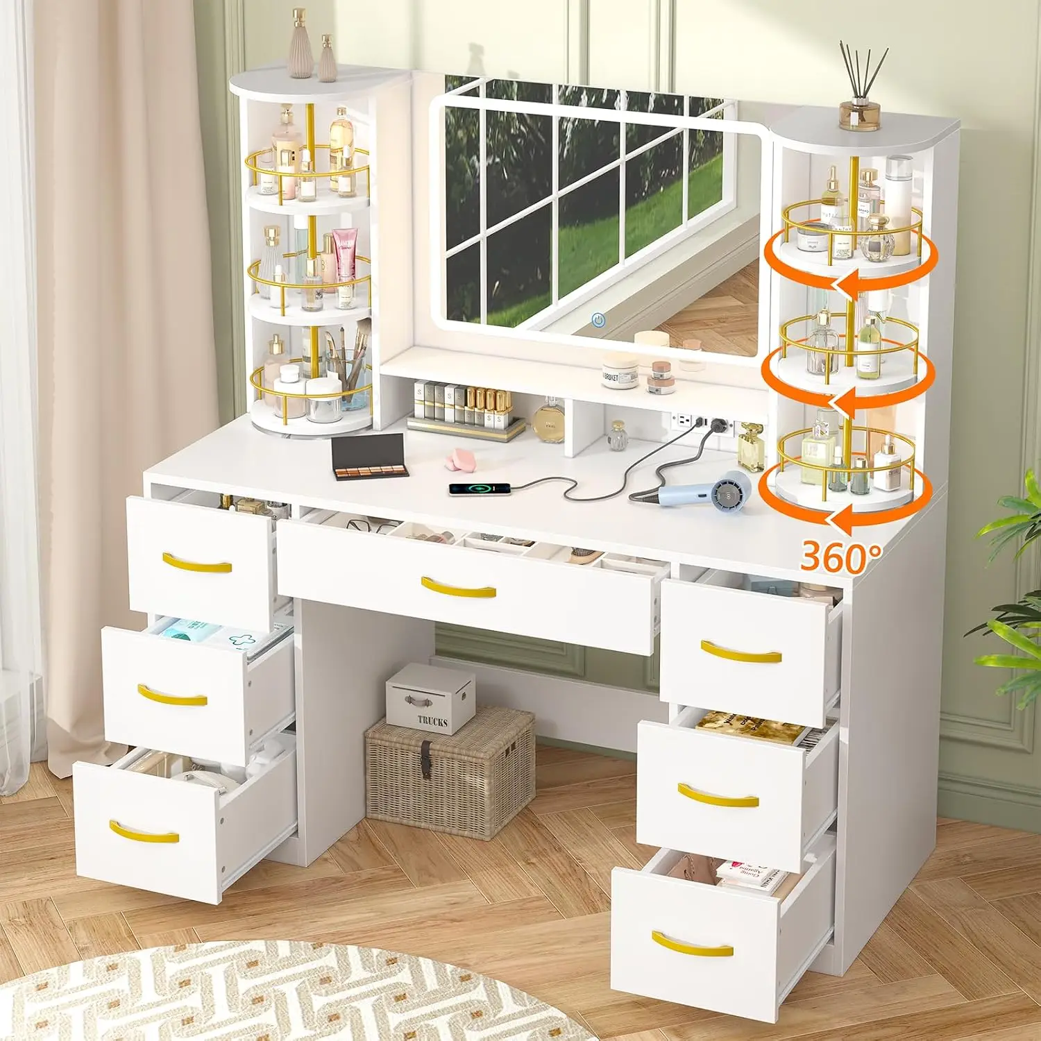 Vanity Desk with Mirror and Lights, 360° Rotating Shelves, 7 Drawers | White Makeup Vanity Table, Large Vanity Desk, Customized